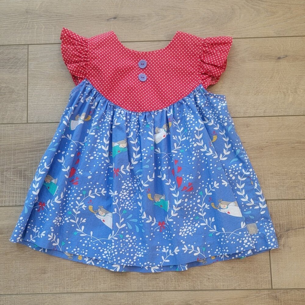 Eleanor Rose Girls Size 6/7 Gigi Top Angel Blue & Red Polka Dot Flutter Sleeve.
